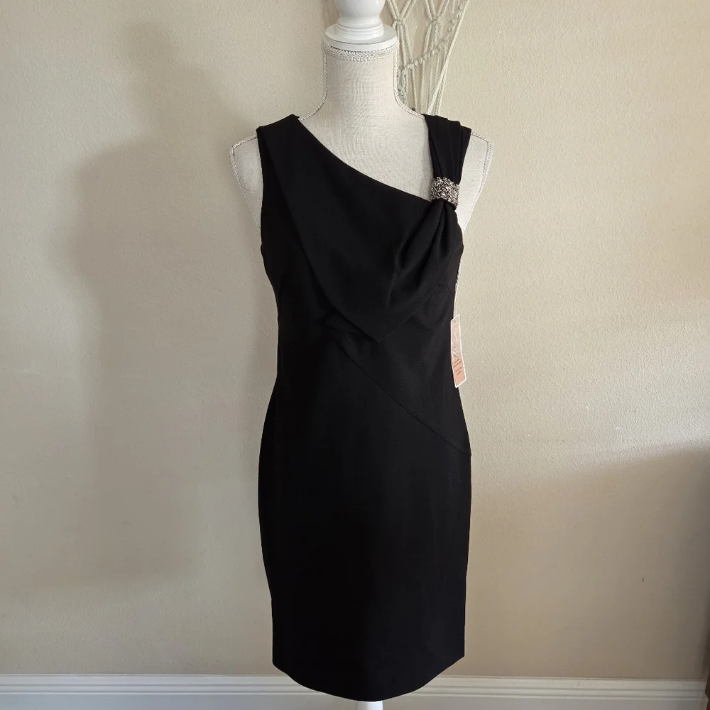 Nue By Shani Black Asymmetrical Sheath Mini Dress Size 6 NWT $290 Embelished - Picture 2 of 13